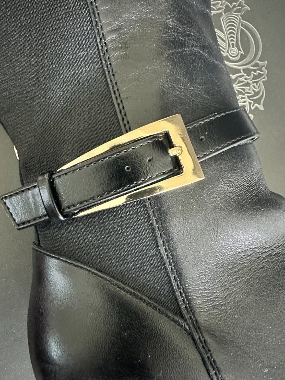 Vince Camuto Debnee Black Leather Knee High Boots Pointed Toe Gold Buckle Stilet - Picture 8 of 9